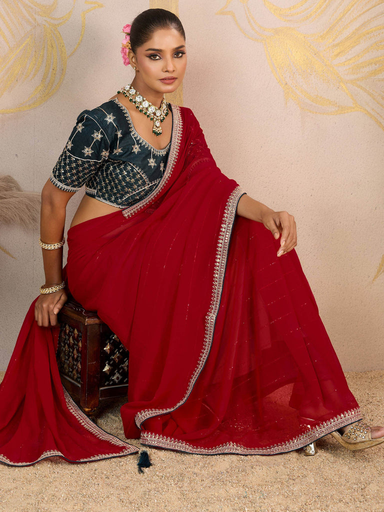 Stunning Red Georgette Wedding Wear Saree With Embroidered Blouse