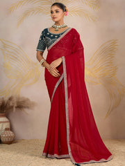 Stunning Red Georgette Wedding Wear Saree With Embroidered Blouse