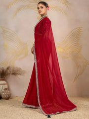 Stunning Red Georgette Wedding Wear Saree With Embroidered Blouse