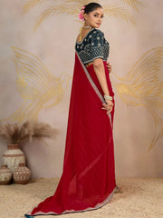 Stunning Red Georgette Wedding Wear Saree With Embroidered Blouse