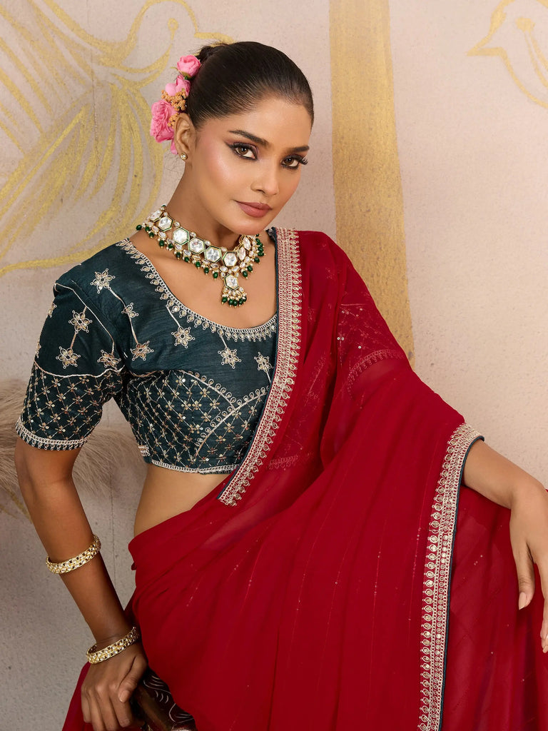 Stunning Red Georgette Wedding Wear Saree With Embroidered Blouse