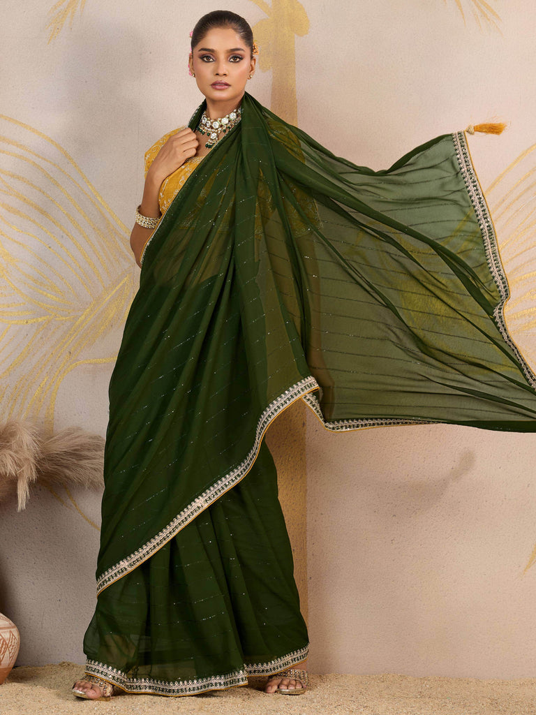 Impressive Green Georgette Festive Wear Saree With Embroidered Blouse