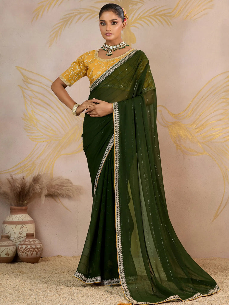 Impressive Green Georgette Festive Wear Saree With Embroidered Blouse