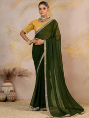 Impressive Green Georgette Festive Wear Saree With Embroidered Blouse