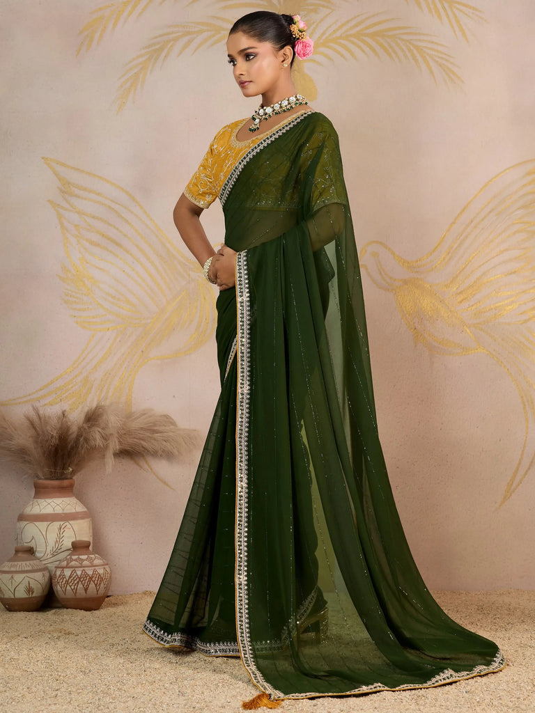Impressive Green Georgette Festive Wear Saree With Embroidered Blouse