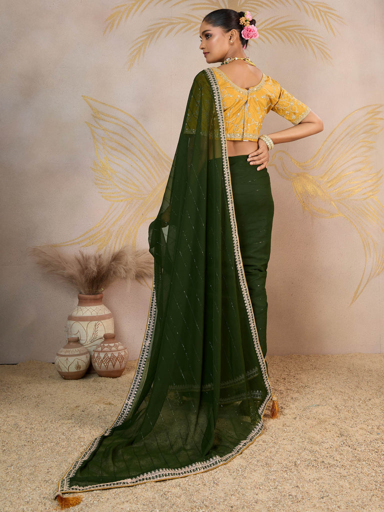 Impressive Green Georgette Festive Wear Saree With Embroidered Blouse