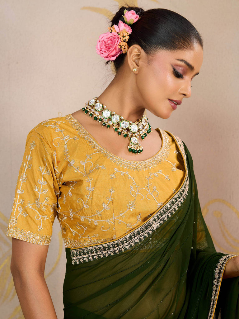 Impressive Green Georgette Festive Wear Saree With Embroidered Blouse