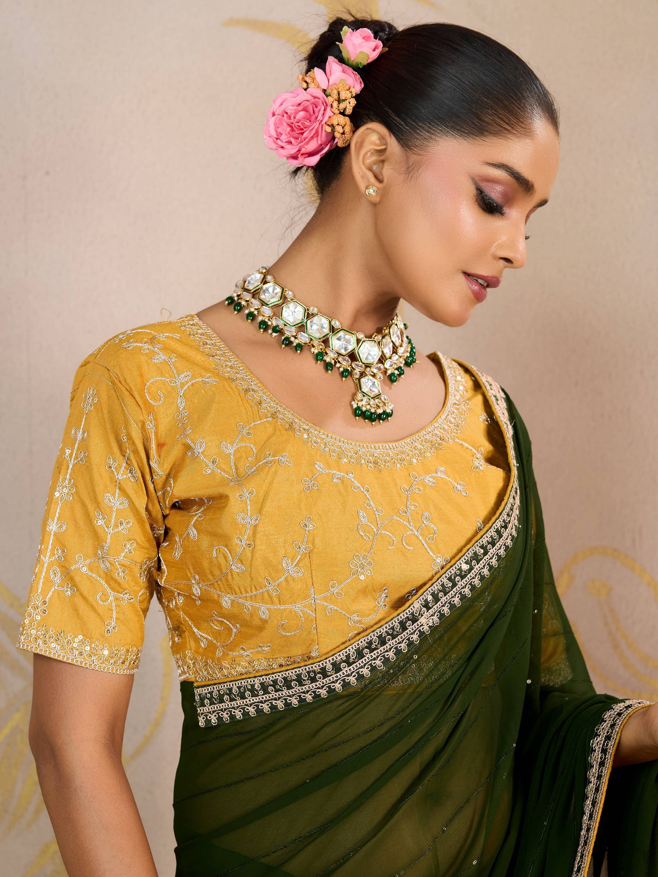 Impressive Green Georgette Festive Wear Saree With Embroidered Blouse