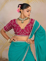 Stylish Green Georgette Function Wear Saree With Embroidered Blouse
