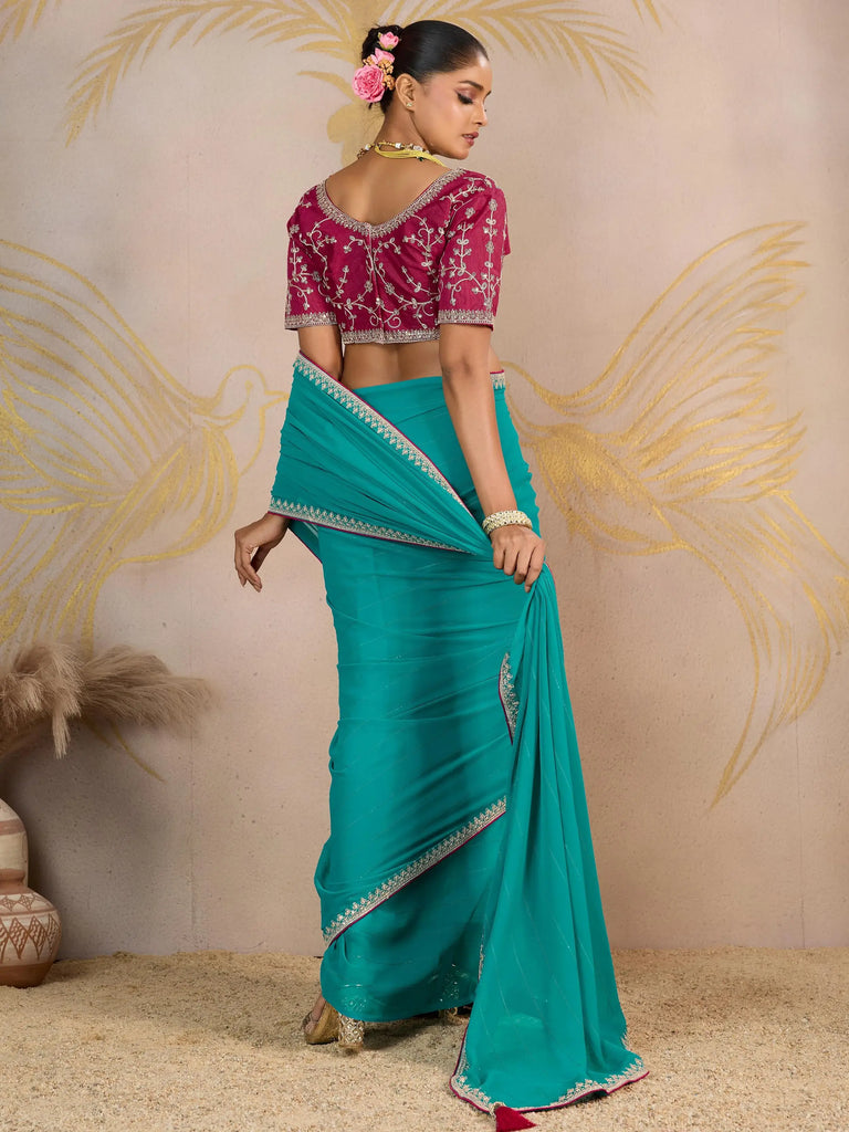 Stylish Green Georgette Function Wear Saree With Embroidered Blouse