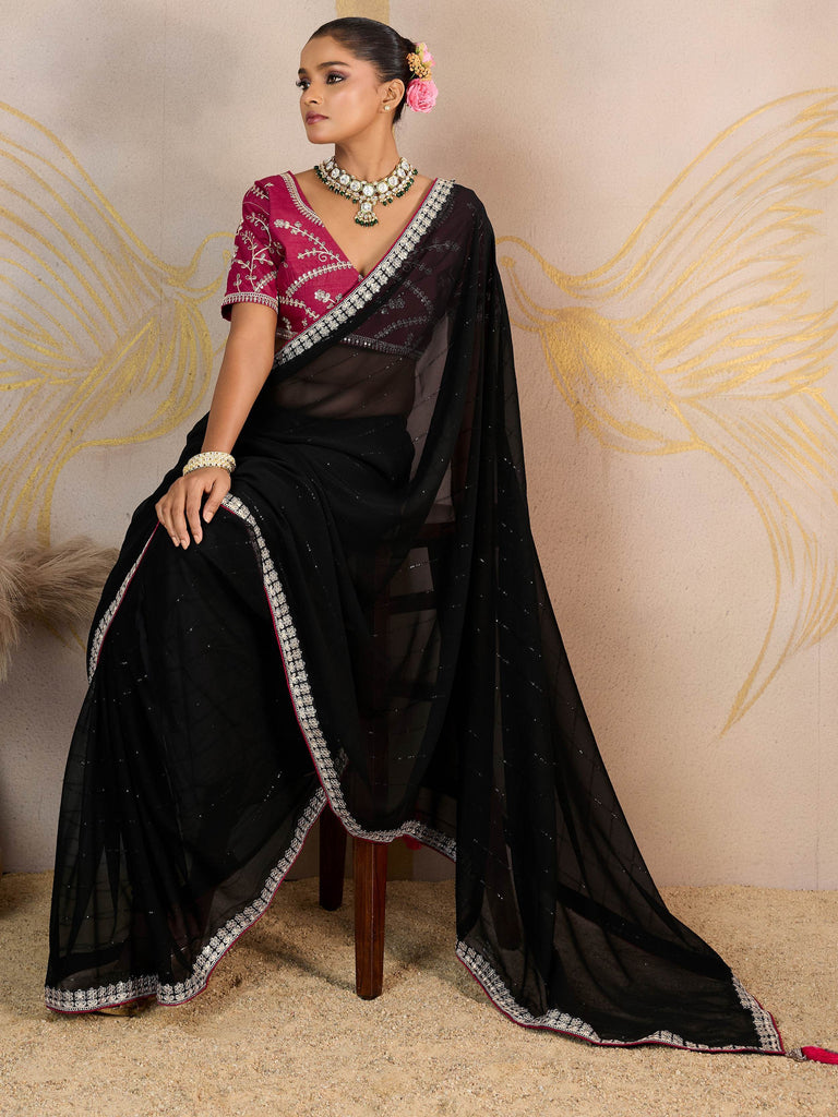 Lovely Black Georgette Reception Wear Saree With Embroidered Blouse