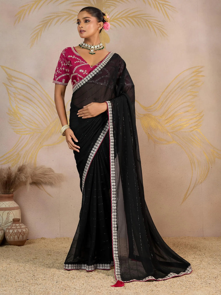 Lovely Black Georgette Reception Wear Saree With Embroidered Blouse