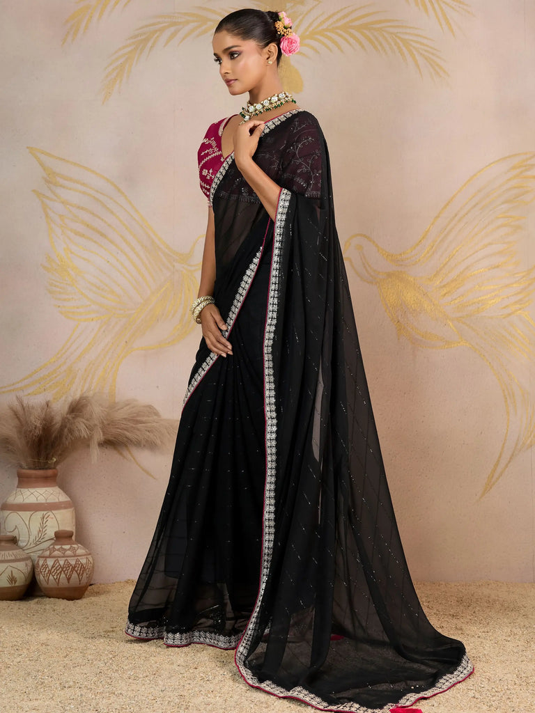 Lovely Black Georgette Reception Wear Saree With Embroidered Blouse