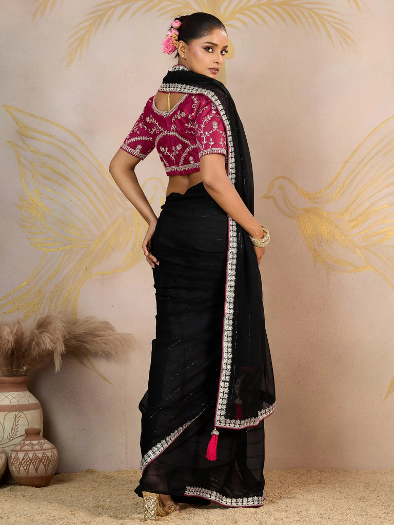 Lovely Black Georgette Reception Wear Saree With Embroidered Blouse