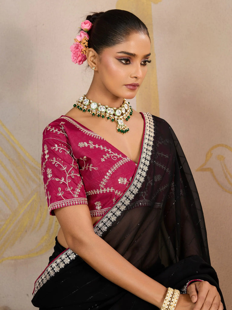 Lovely Black Georgette Reception Wear Saree With Embroidered Blouse