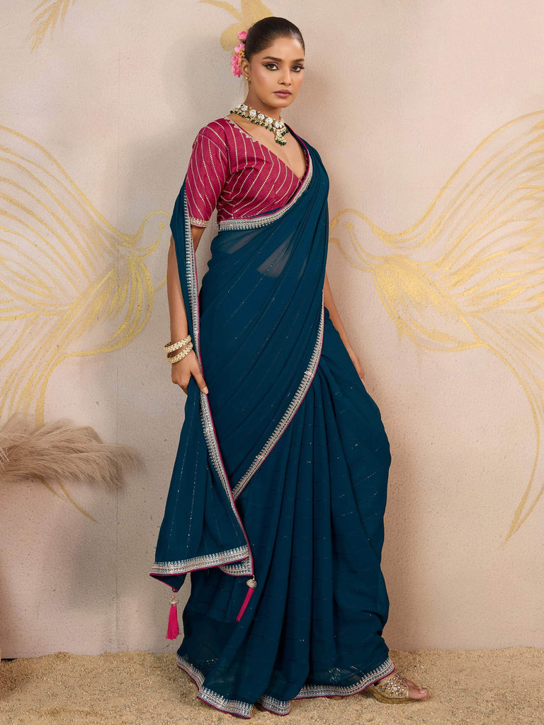 Pretty Teal Blue Georgette Wedding Wear Saree With Embroidered Blouse