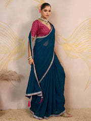 Pretty Teal Blue Georgette Wedding Wear Saree With Embroidered Blouse