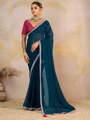 Pretty Teal Blue Georgette Wedding Wear Saree With Embroidered Blouse