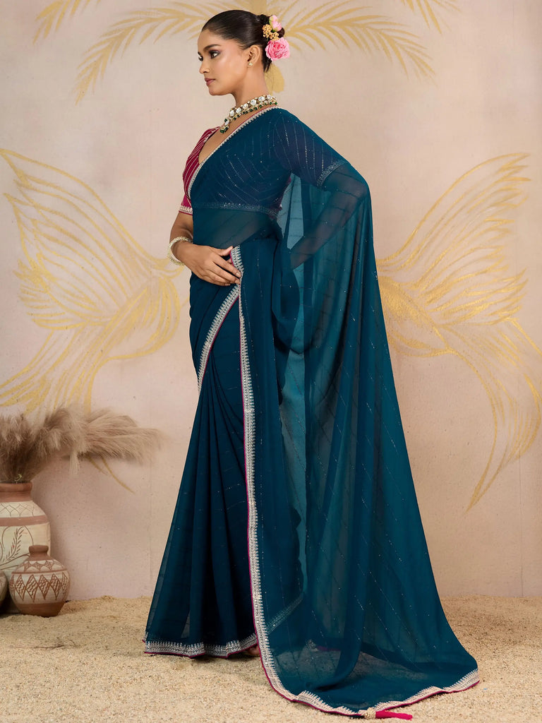 Pretty Teal Blue Georgette Wedding Wear Saree With Embroidered Blouse