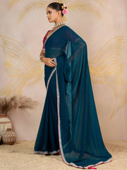 Pretty Teal Blue Georgette Wedding Wear Saree With Embroidered Blouse