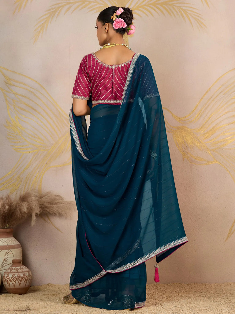 Pretty Teal Blue Georgette Wedding Wear Saree With Embroidered Blouse