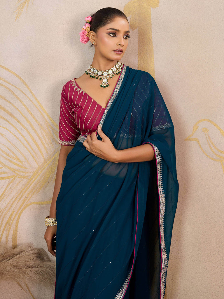 Pretty Teal Blue Georgette Wedding Wear Saree With Embroidered Blouse