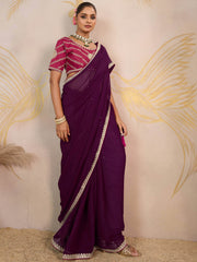 Attractive Purple Georgette Festive Wear Saree With Embroidered Blouse