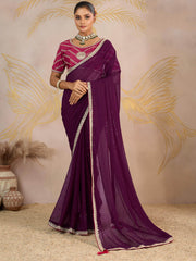 Attractive Purple Georgette Festive Wear Saree With Embroidered Blouse