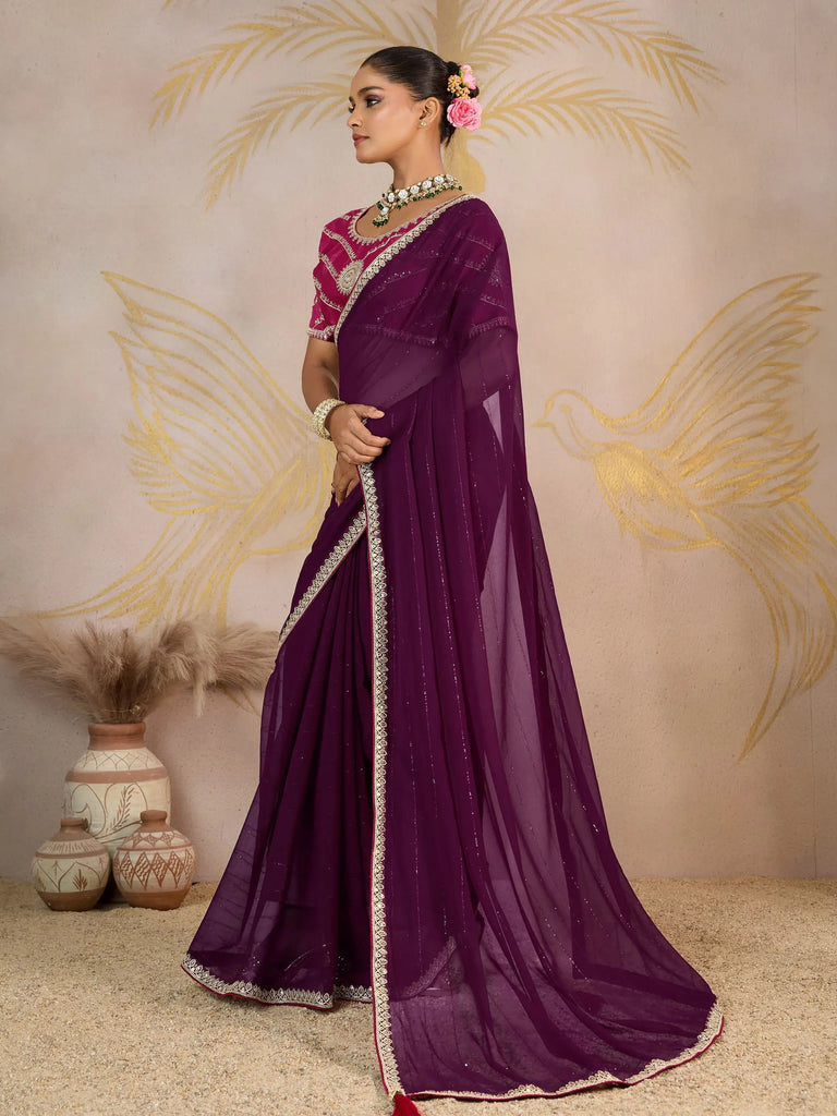 Attractive Purple Georgette Festive Wear Saree With Embroidered Blouse