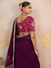 Attractive Purple Georgette Festive Wear Saree With Embroidered Blouse