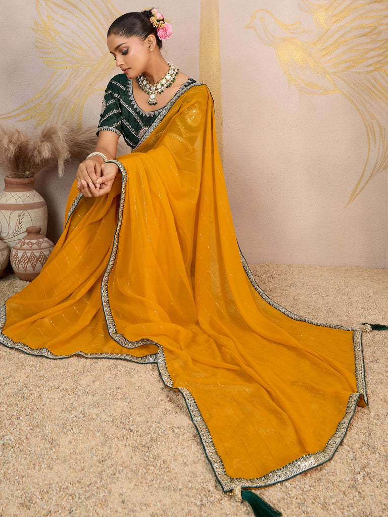 Awesome Yellow Georgette Haldi Wear Saree With Embroidered Blouse