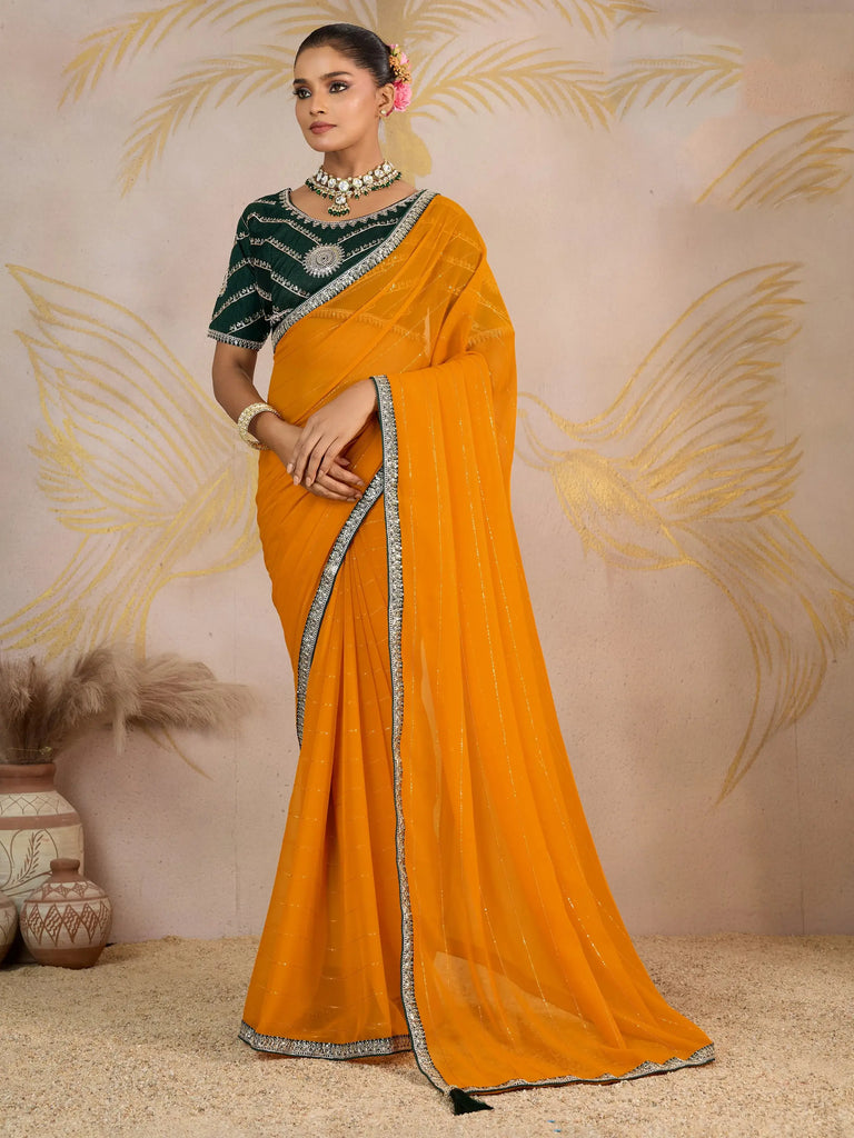 Awesome Yellow Georgette Haldi Wear Saree With Embroidered Blouse