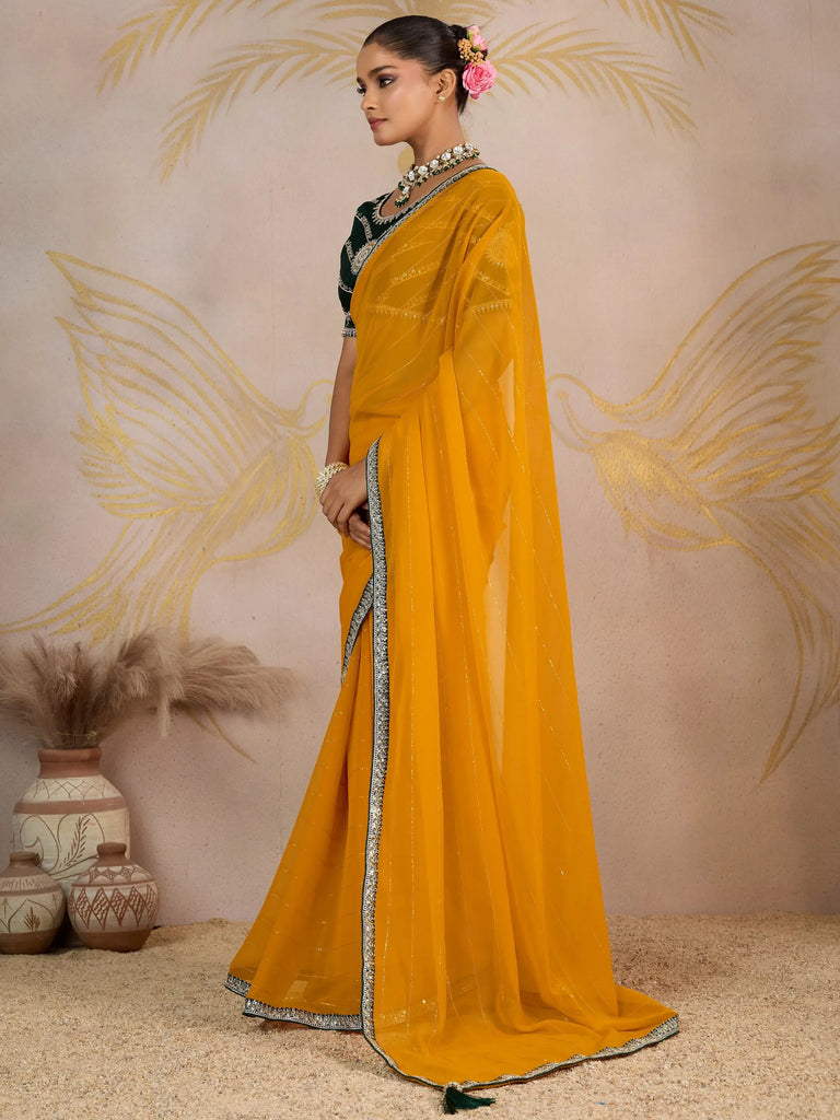 Awesome Yellow Georgette Haldi Wear Saree With Embroidered Blouse