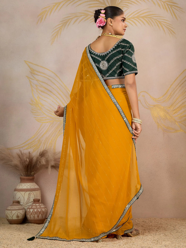 Awesome Yellow Georgette Haldi Wear Saree With Embroidered Blouse
