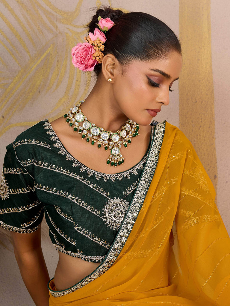 Awesome Yellow Georgette Haldi Wear Saree With Embroidered Blouse