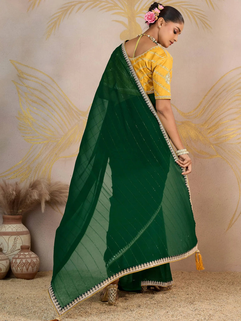 Glamorous Green Georgette Festive Wear Saree With Embroidered Blouse
