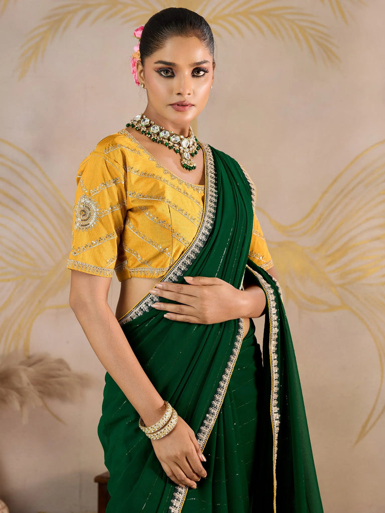 Glamorous Green Georgette Festive Wear Saree With Embroidered Blouse