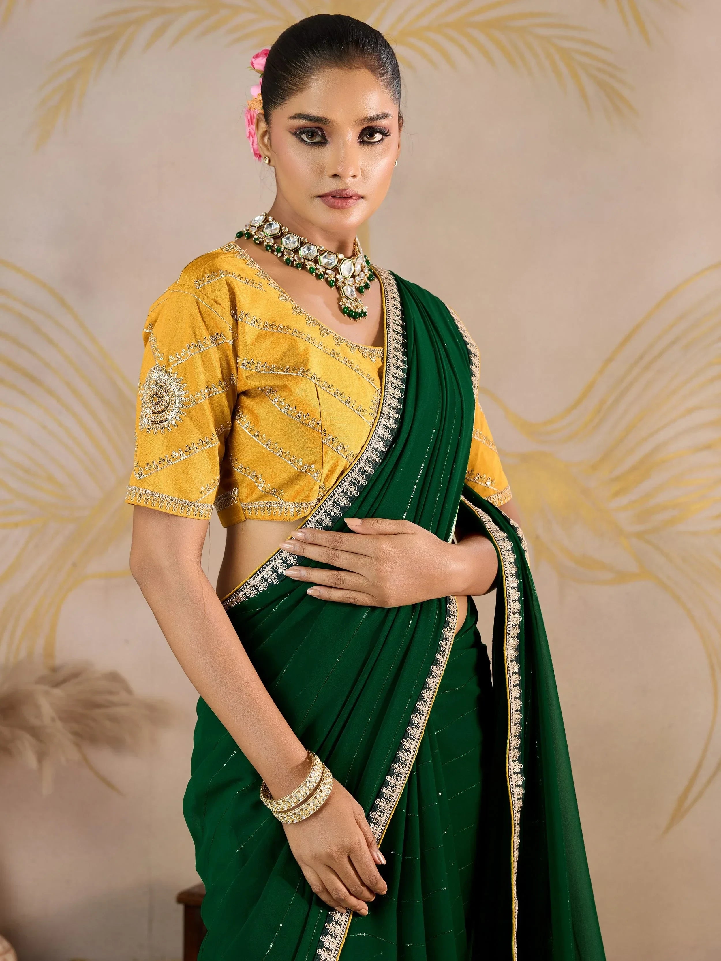 Glamorous Green Georgette Festive Wear Saree With Embroidered Blouse