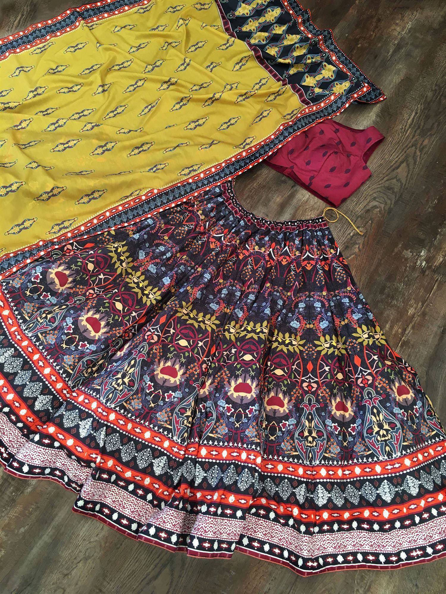 Ethnic printed lehenga choli set with yellow dupatta, floral skirt, and maroon blouse for Indian wear