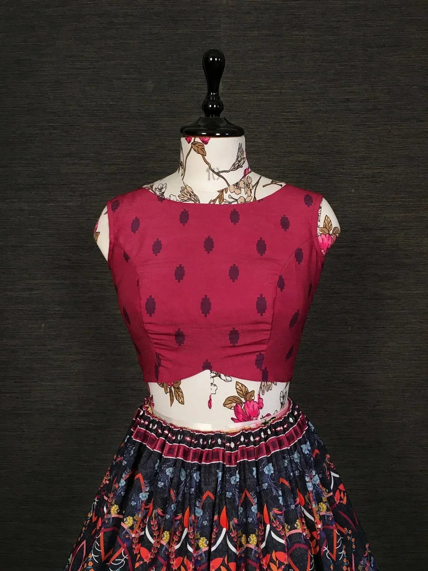 Pink polka dot crop top with floral skirt, Indian ethnic wear