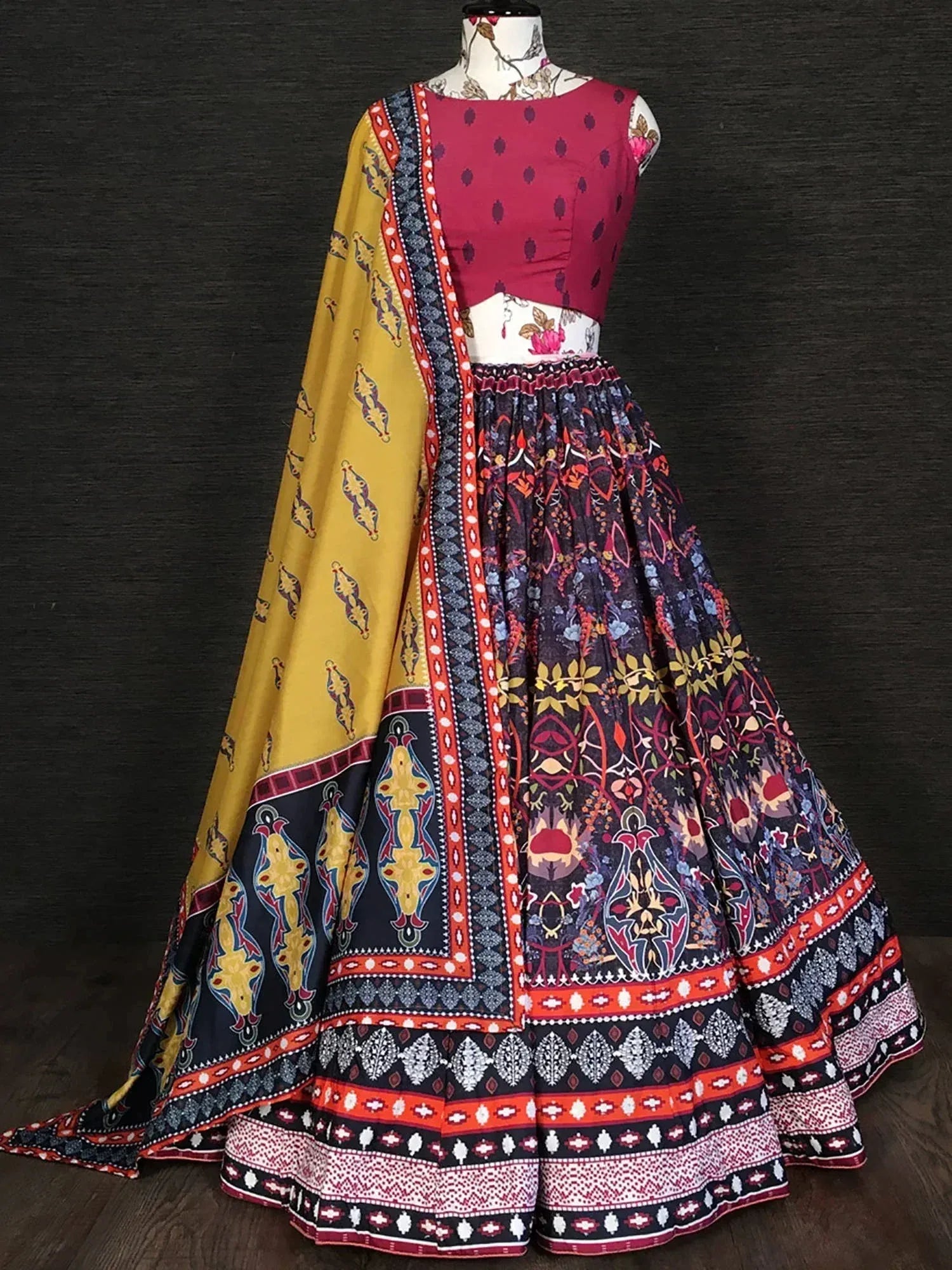 Vibrant printed lehenga choli with yellow dupatta, ethnic Indian wear for festive occasions