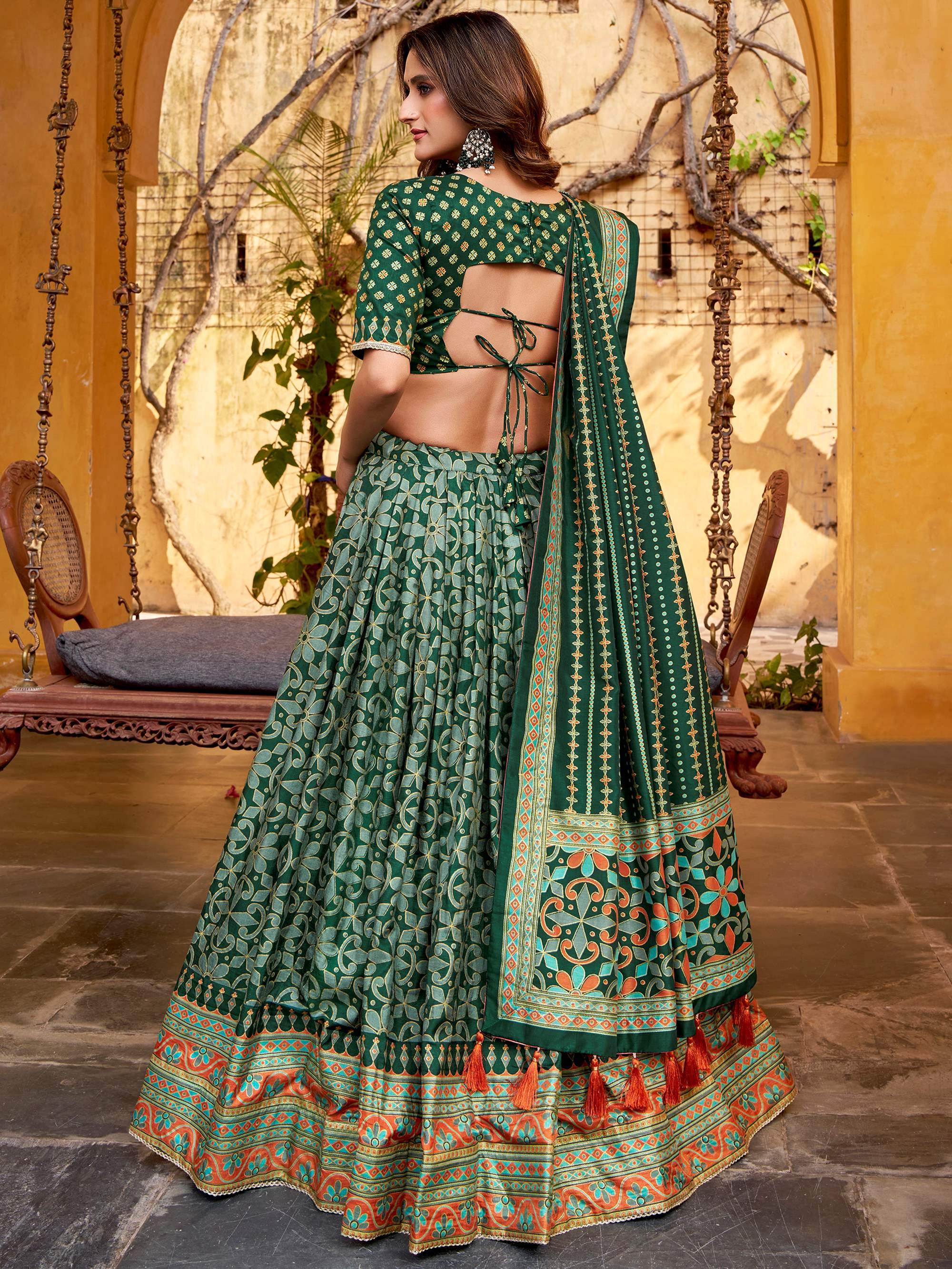 Glowing Green Digital Printed Silk Bridesmaid Lehenga Choli