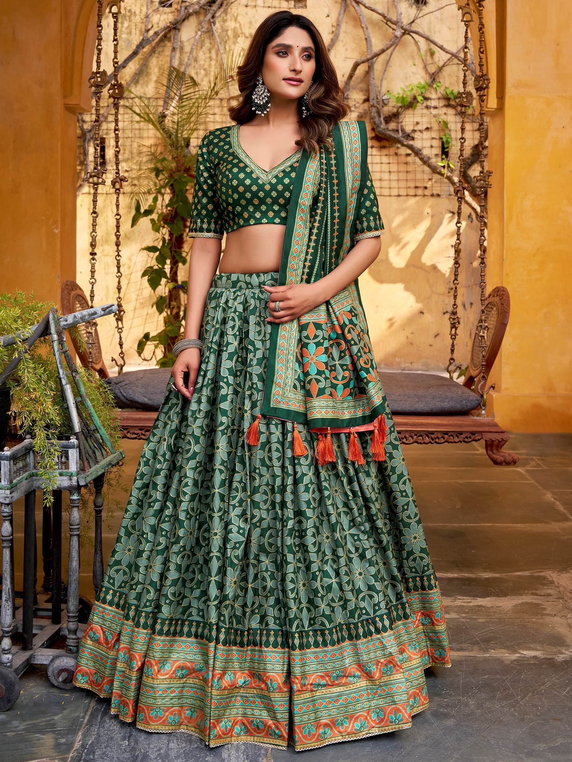 Glowing Green Digital Printed Silk Bridesmaid Lehenga Choli