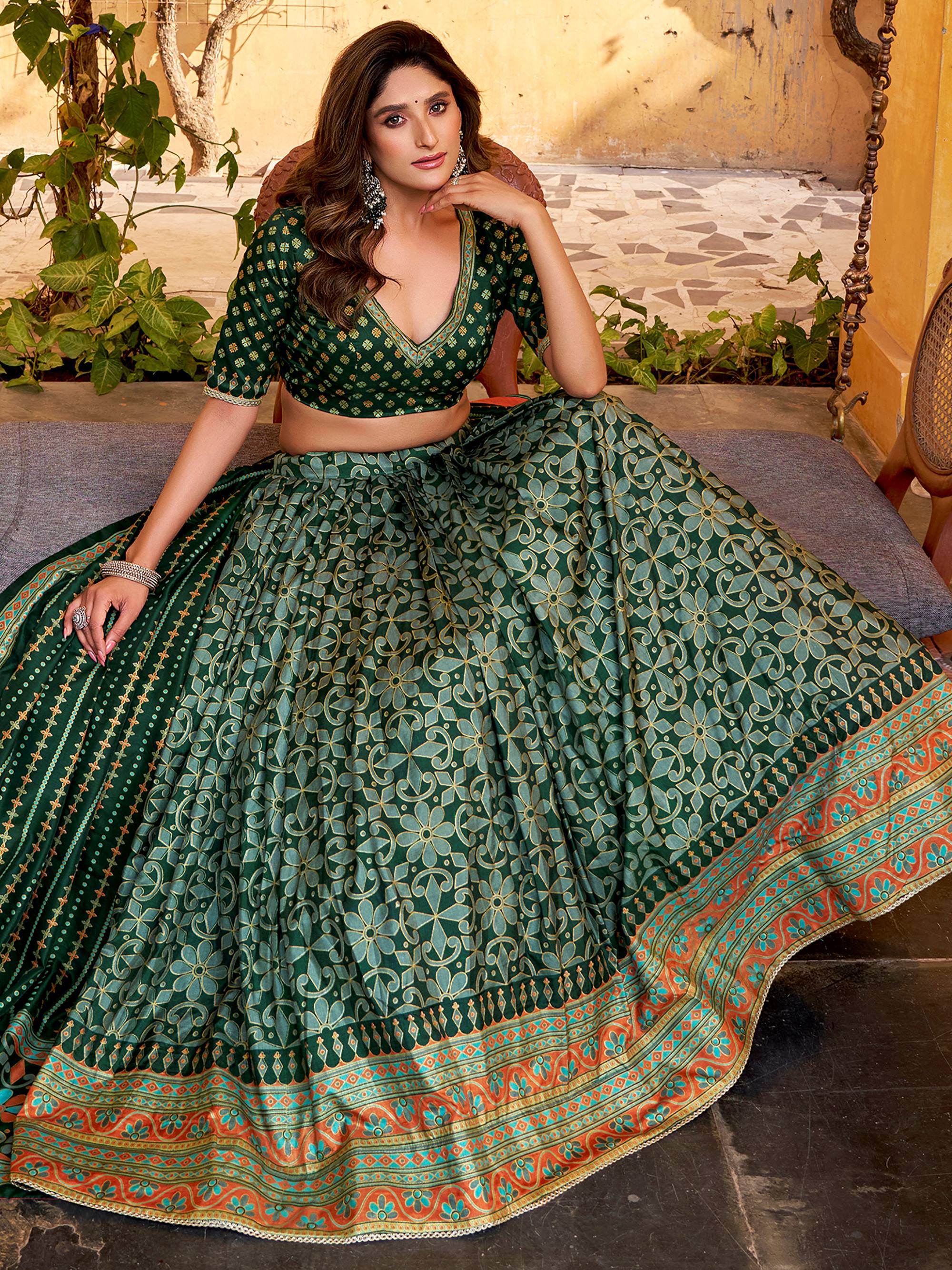 Glowing Green Digital Printed Silk Bridesmaid Lehenga Choli