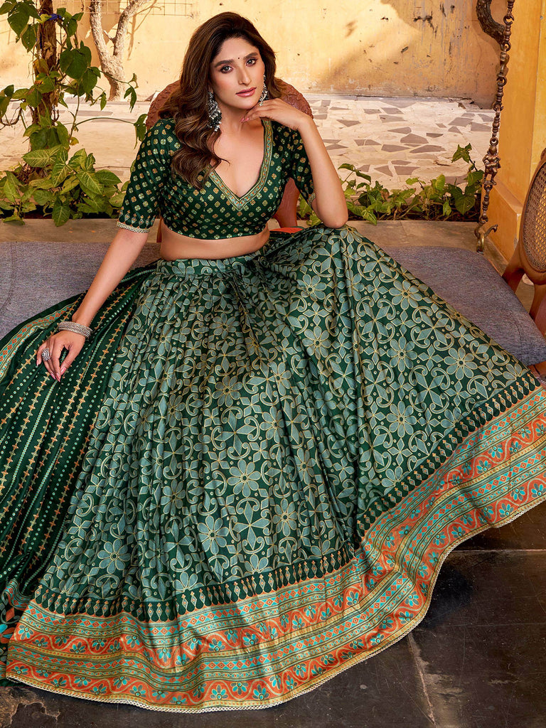 Glowing Green Digital Printed Silk Bridesmaid Lehenga Choli