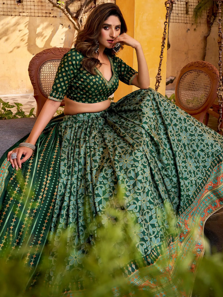 Glowing Green Digital Printed Silk Bridesmaid Lehenga Choli