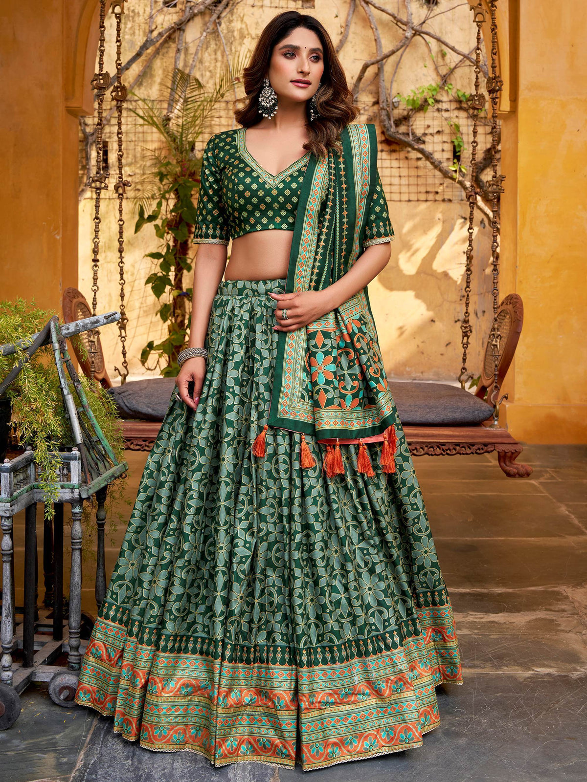 Glowing Green Digital Printed Silk Bridesmaid Lehenga Choli