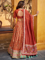 Captivating Orange Digital Printed Silk Function Wear Lehenga Choli