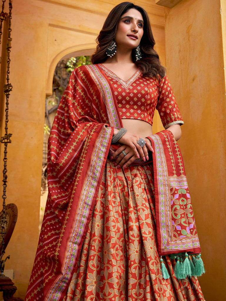 Captivating Orange Digital Printed Silk Function Wear Lehenga Choli