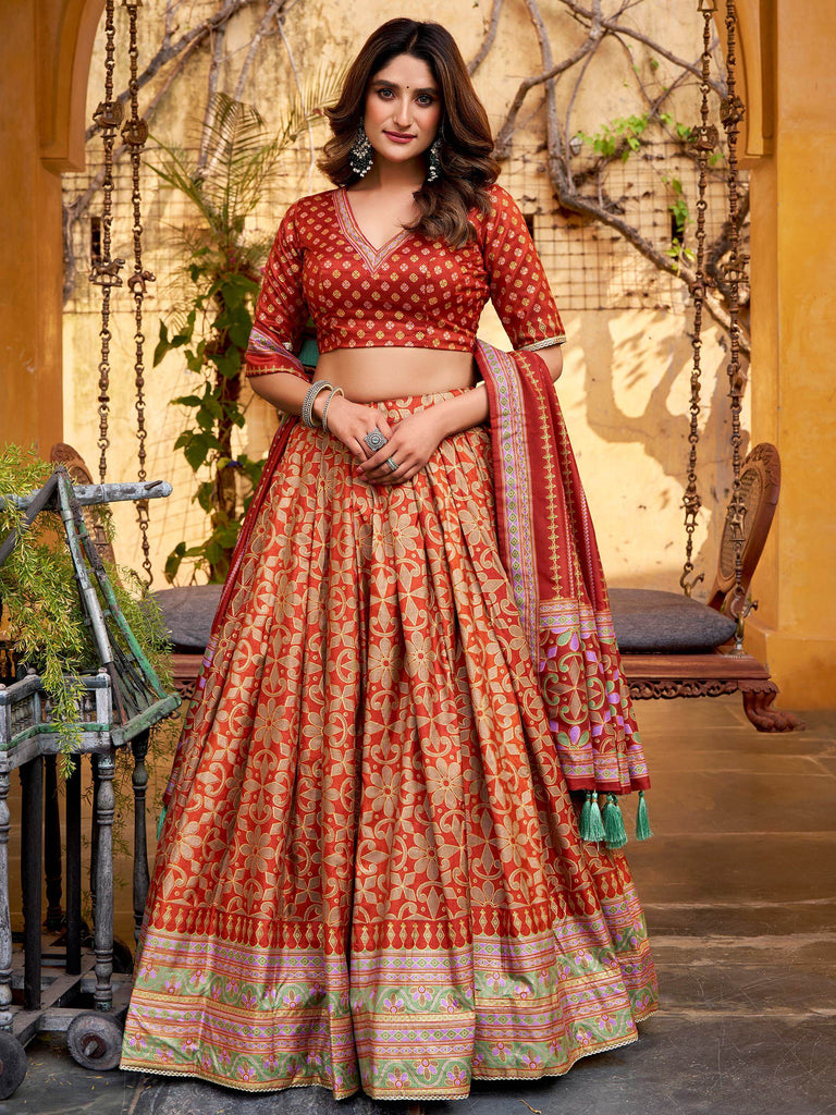 Captivating Orange Digital Printed Silk Function Wear Lehenga Choli